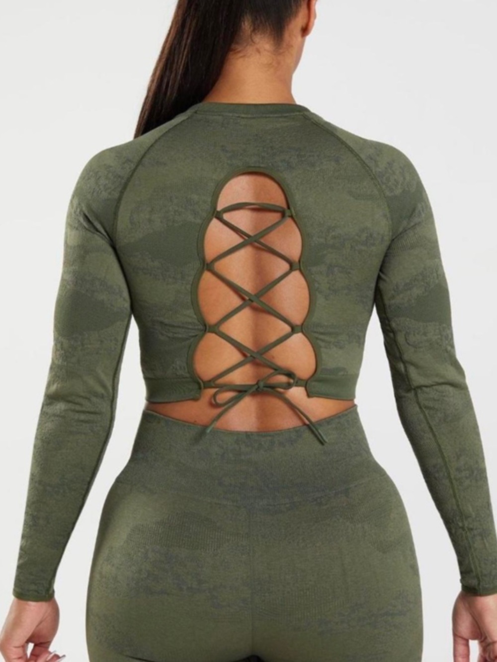 Gymshark Adapt Camo Seamless Lace Up Back Top - Moss Olive/Core Olive Medium